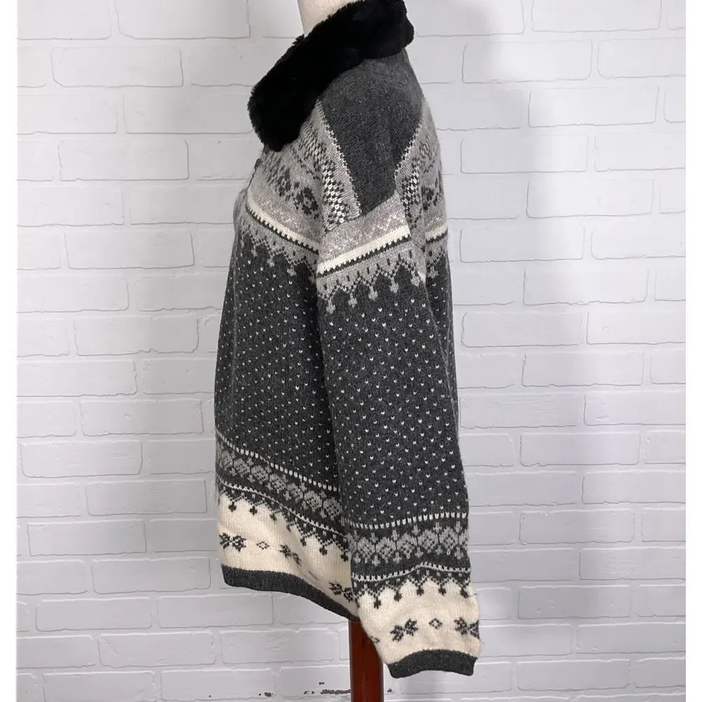 Croft & Barrow Cardigan Women Medium Beige Gray Fair‎ Isle Lambswool Winter VTG